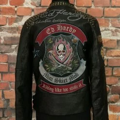 The Sparkling Spur TIFFIANY'S CLOSET Ed Hardy Mini Skirt Mob Leather Moto Jacket