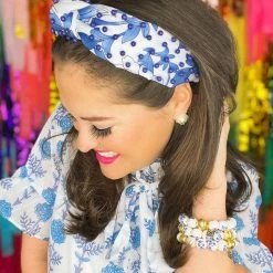 Brianna Cannon New Arrivals Blue And White Chinoiserie Headband With Hand-Sewn Beads