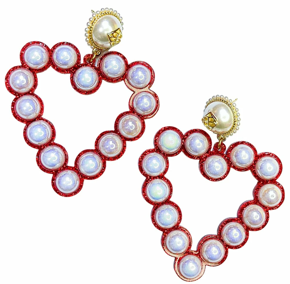 Hot Sale 🥰 Brianna Cannon Red Glitter Jumbo Heart Pearl Earrings Jewelry ❤️ 3 Brianna Cannon Red Glitter Jumbo Heart Pearl Earrings Jewelry