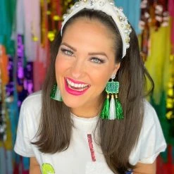 Brianna Cannon White Twill Headband With Large Pearls And Crystals Hats/Headbands/Scarves/Gloves