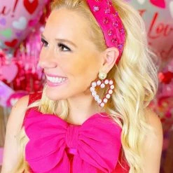 Brianna Cannon Hot Pink Velvet Headband With Hand-Sewn Hot Pink Crystal Hearts